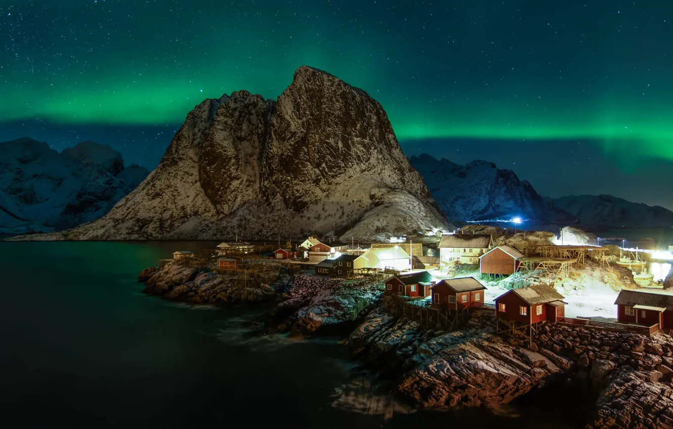 Photo wallpaper sea, landscape, mountains, night, rocks, home, stars, Northern lights, the evening, village, lighting, Norway, The …