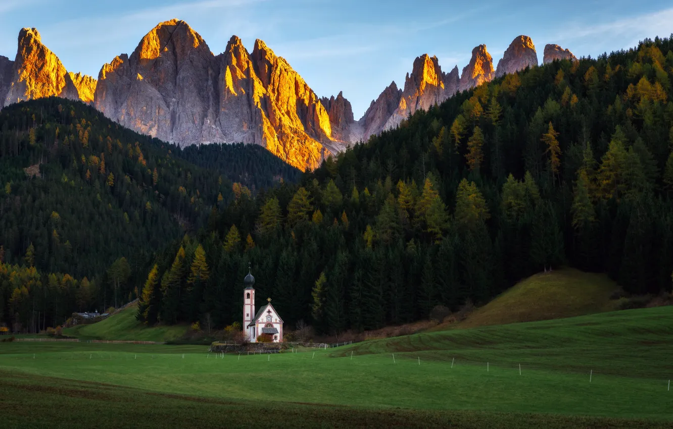Photo wallpaper autumn, landscape, mountains, nature, Italy, Church, forest, meadows, The Dolomites
