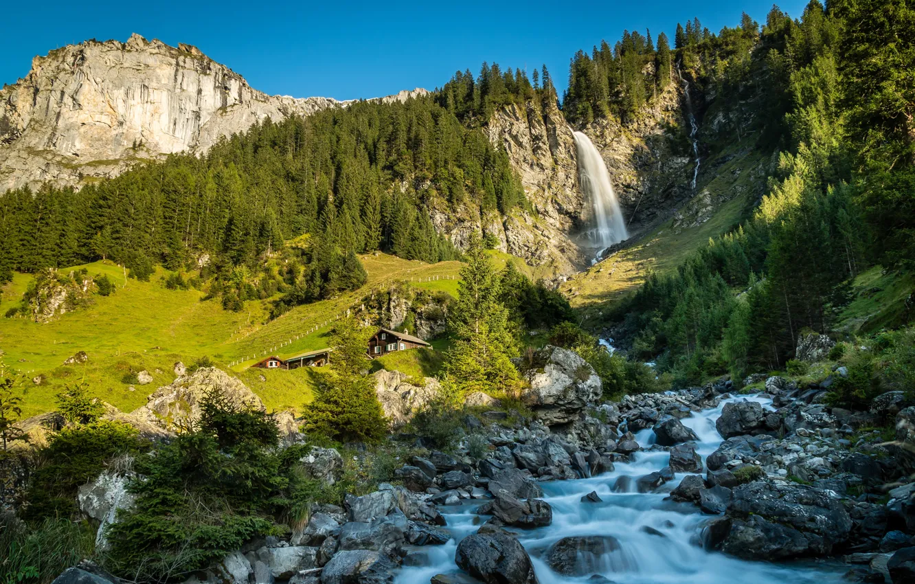 Photo wallpaper forest, mountains, stream, waterfall, Switzerland, Alps, river, Switzerland, Alps, Untersuchen, Unterschächen, Stäubifall, Weak Valley, The …