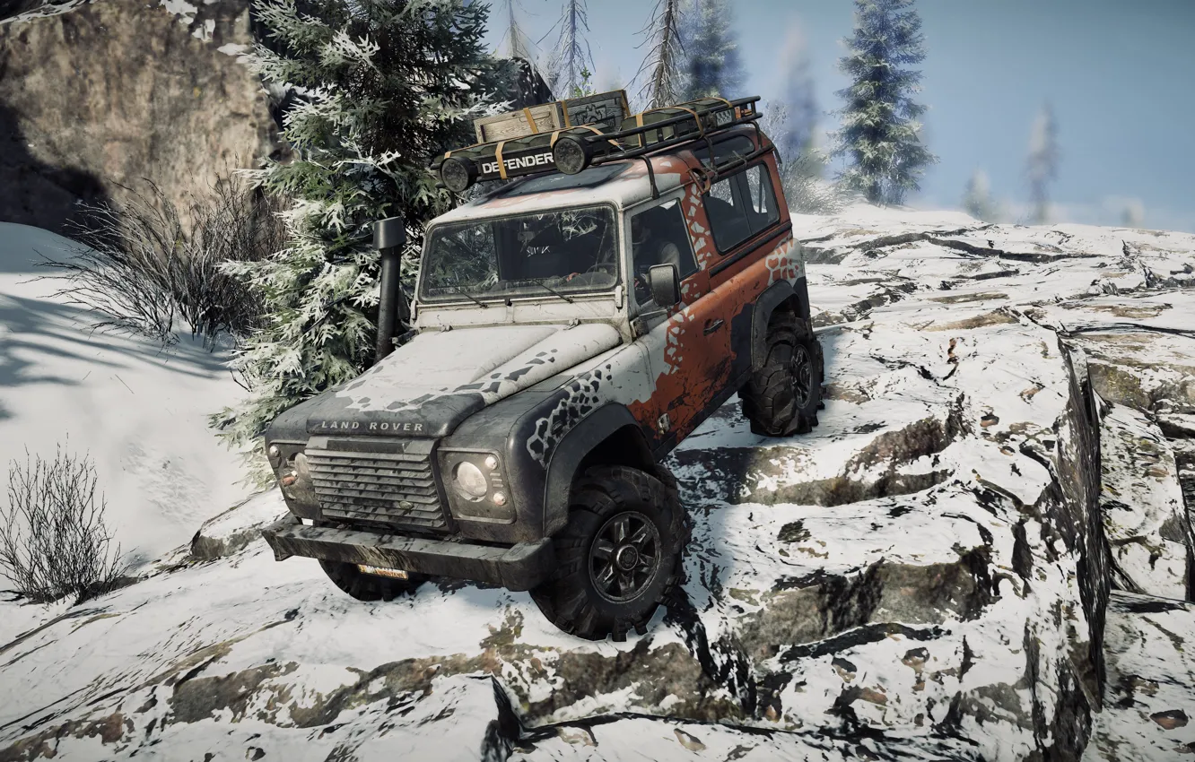 Wallpaper HDR, Light, Land Rover, Rock, Winter, Snow, Truck, Game, Defender,  Trees, Stone, Cold, UHD, Xbox One X, Photography by Tom, Snowrunner images  for desktop, section игры - download