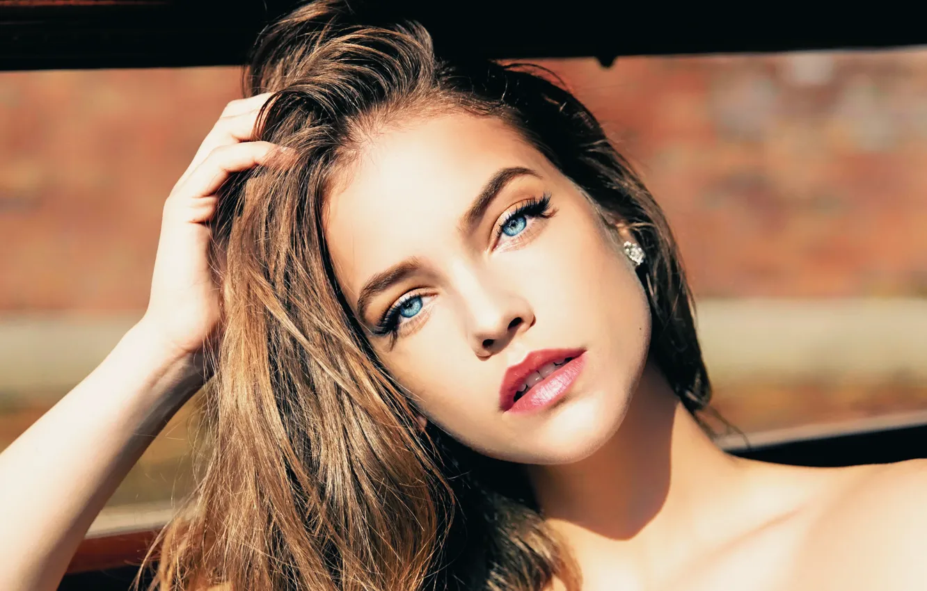 Wallpaper girl, brown hair, photo, blue eyes, model, lips, brunette,  Barbara Palvin, portrait, mouth, close up, open mouth, lipstick, looking at  camera, depth of field, bare shoulders images for desktop, section девушки -