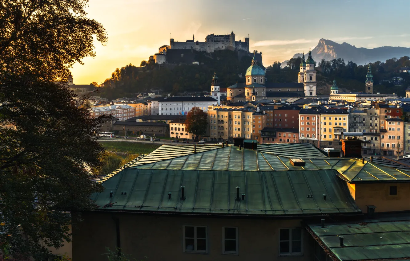 Photo wallpaper clouds, mountains, the city, Austria, fortress, Salzburg, Hohensalzburg, Michael Turkei