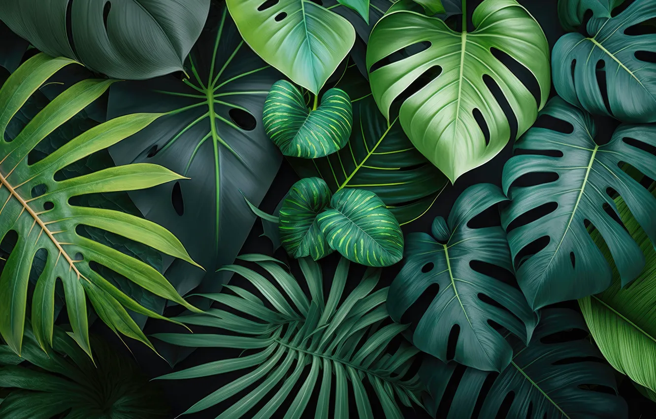 Photo wallpaper leaves, background, green, background, leaves, still life, composition, tropical, palm, dark background, composition, generative