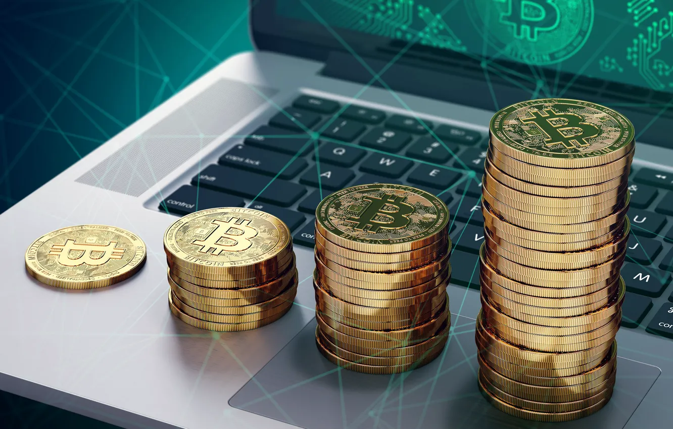 Photo wallpaper laptop, coins, notebook, bitcoin, stack, bitcoin, btc