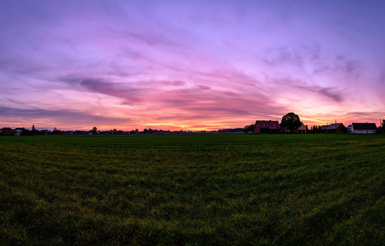 Photo wallpaper grass, twilight, sky, field, landscape, nature, clouds, houses, sunrise, Village