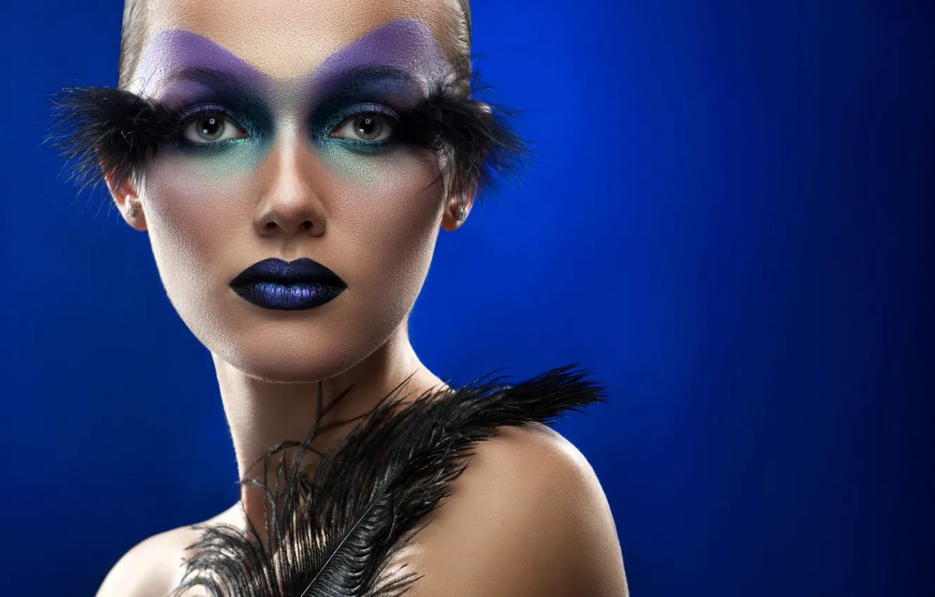 Photo wallpaper look, girl, blue, face, style, background, black, model, portrait, feathers, makeup, hairstyle, beauty