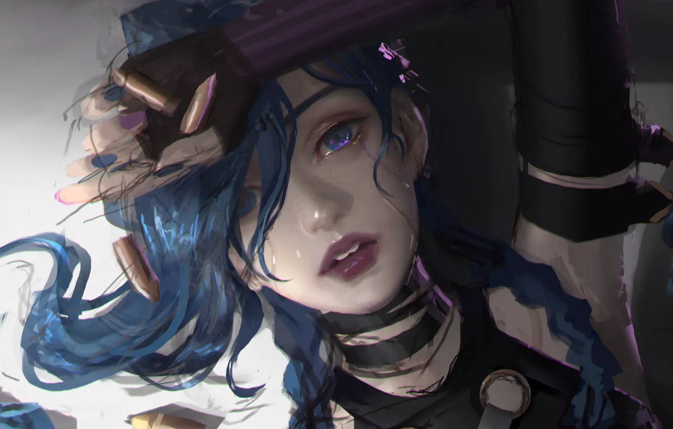Wallpaper the game, portrait, tears, bullets, game, character, blue hair,  beautiful girl, the view from the top, character, League of Legends, LOL,  League Of Legends, Jinx, Jinx, LOL images for desktop, section