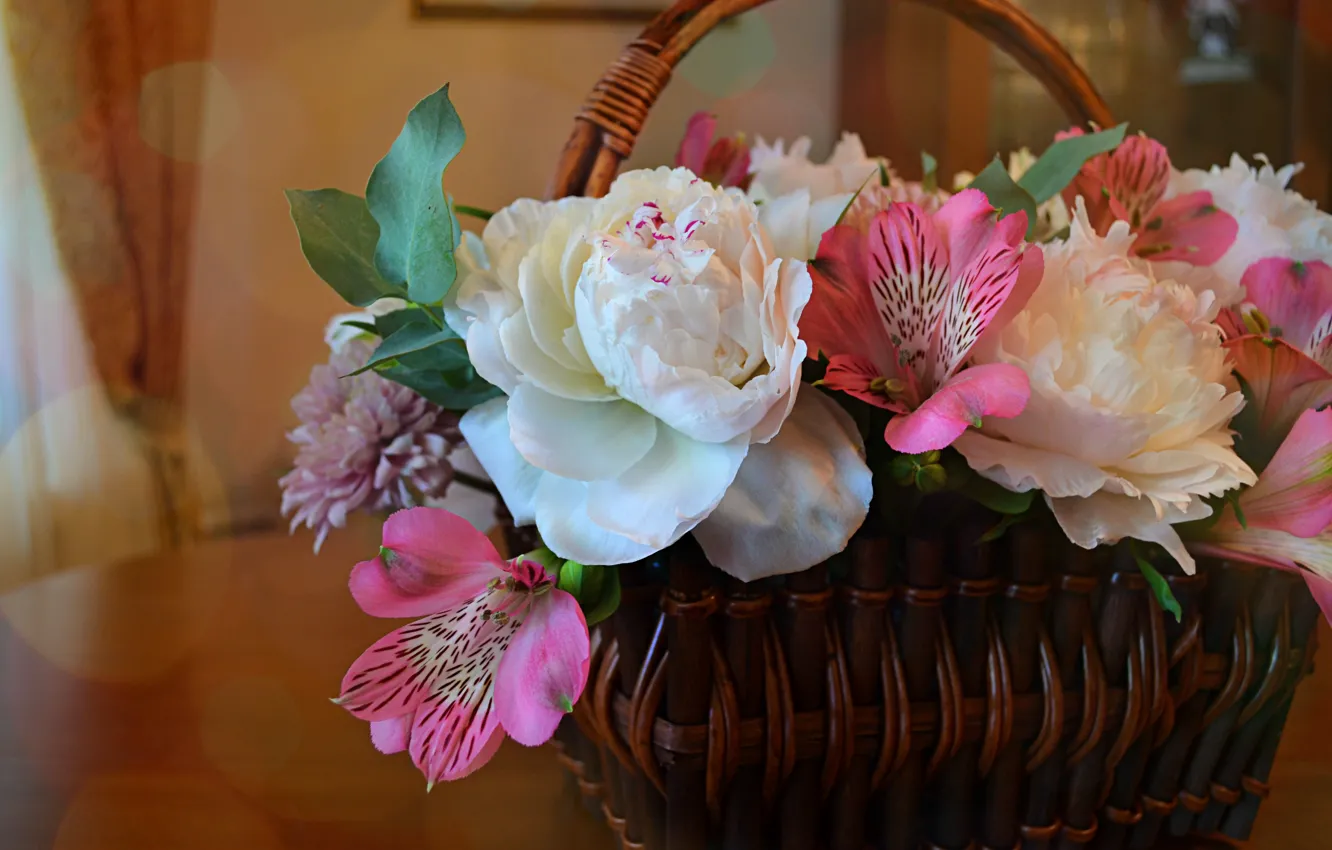 Photo wallpaper leaves, flowers, table, holiday, basket, Lily, bouquet, chrysanthemum, peonies