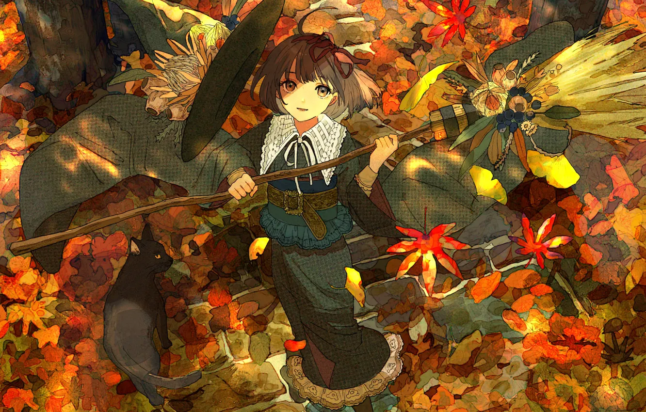 Wallpaper autumn, leaves, girl, witch, broom, black cat, bridge images for  desktop, section арт - download