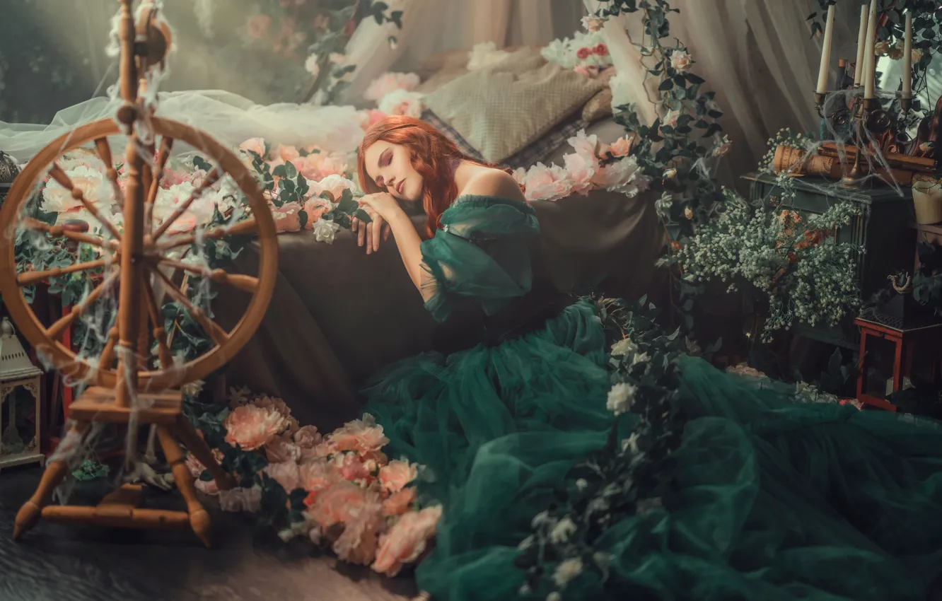 Photo wallpaper girl, flowers, bed, sleep, dress, red, redhead, Sleeping beauty, spinning wheel, Diana Lipkina