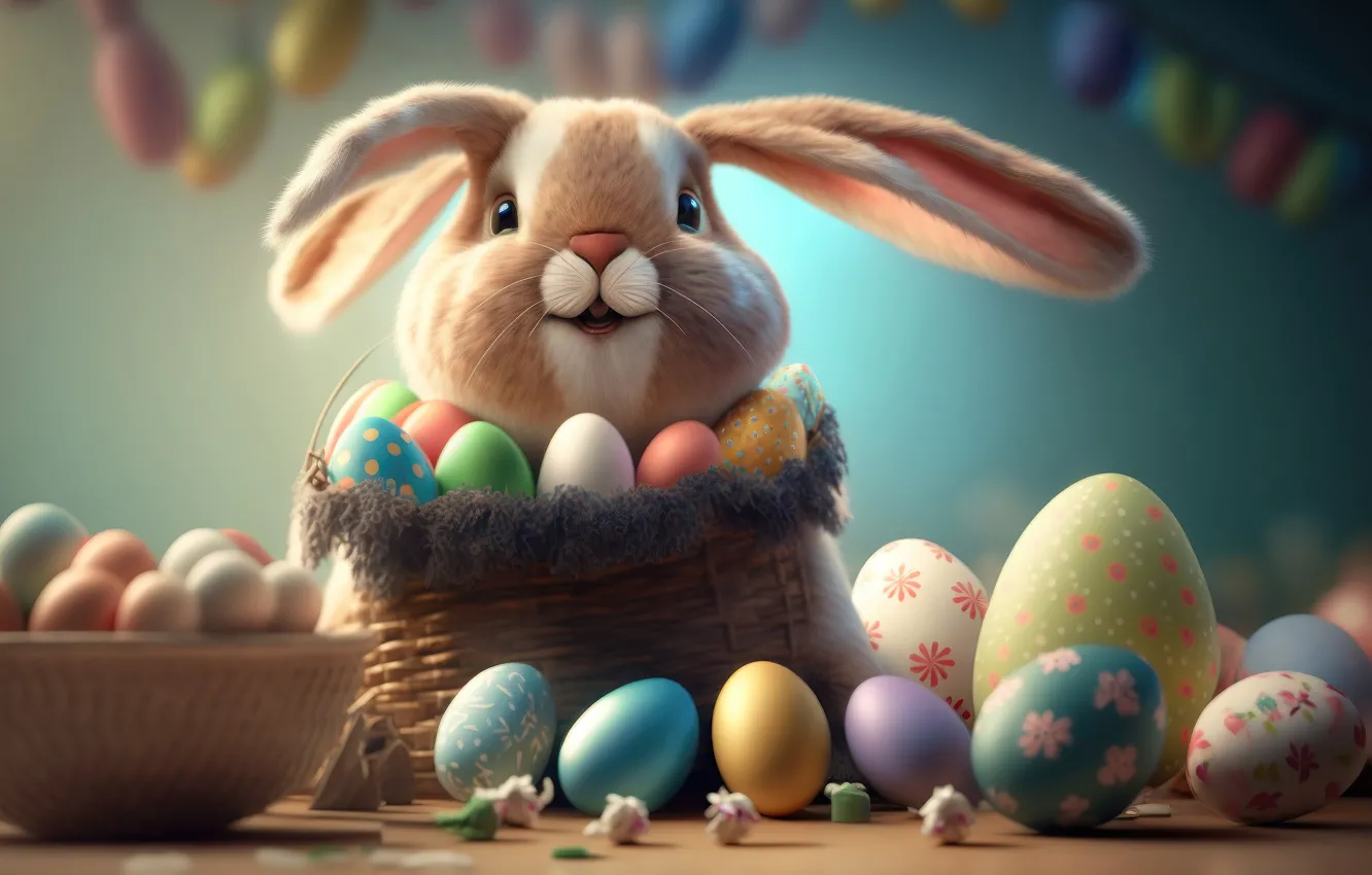 Photo wallpaper eggs, colorful, rabbit, Easter, spring, Easter, eggs, bunny, cute, decoration