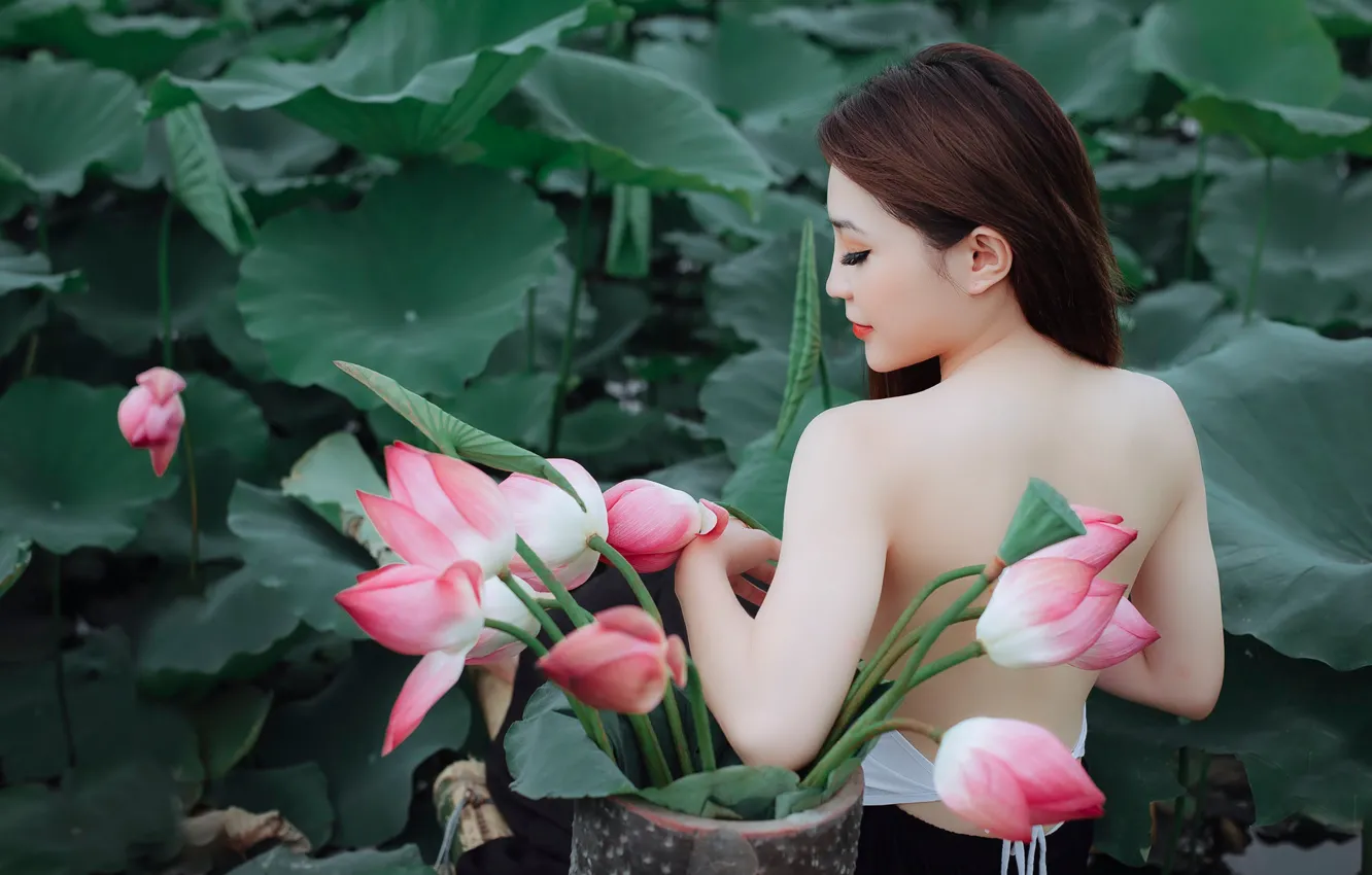 Wallpaper leaves, girl, flowers, nature, back, profile, pink, Asian, Lotus  images for desktop, section ситуации - download