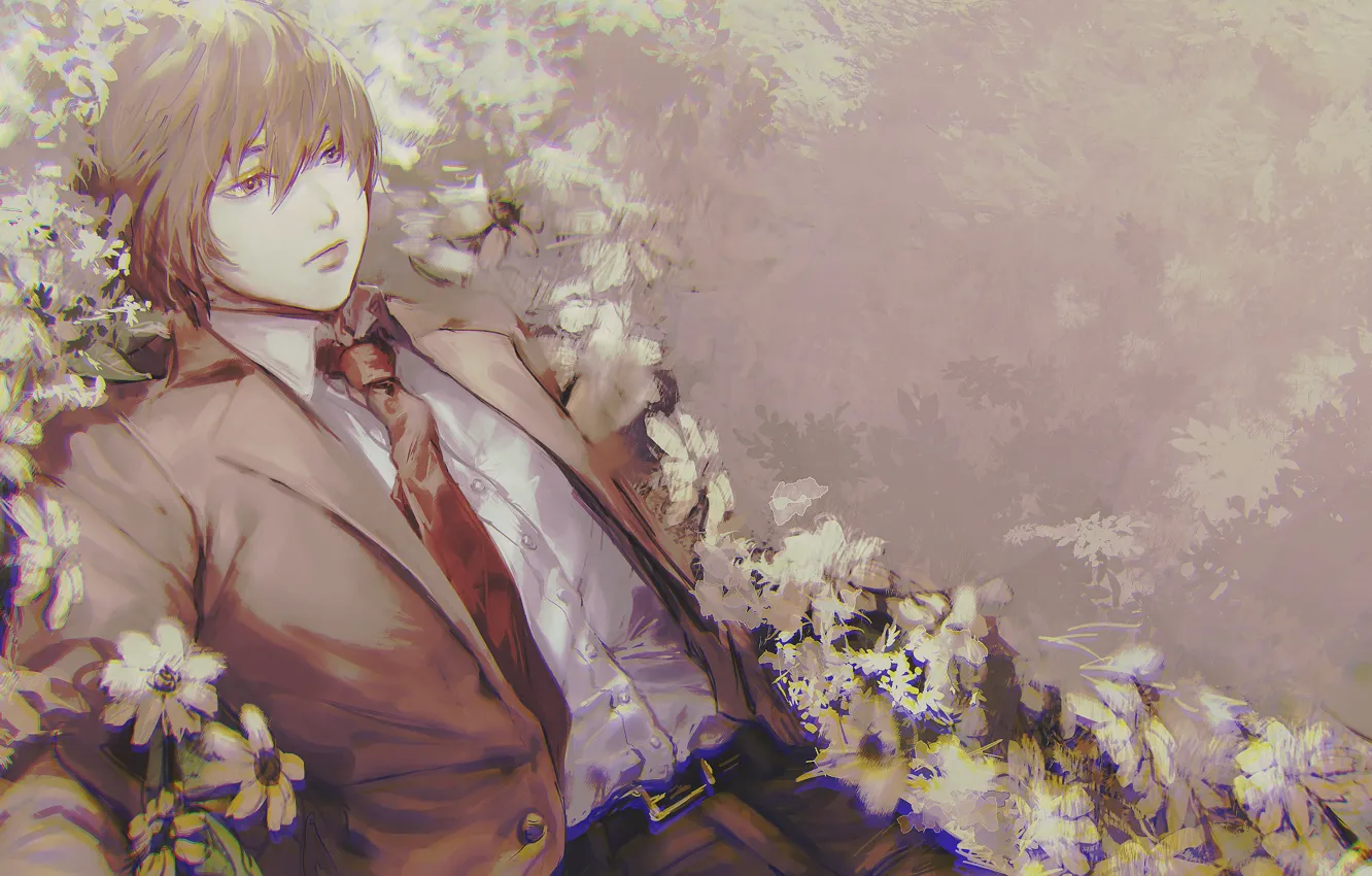Photo wallpaper flowers, guy, Death Note, Light Yagami