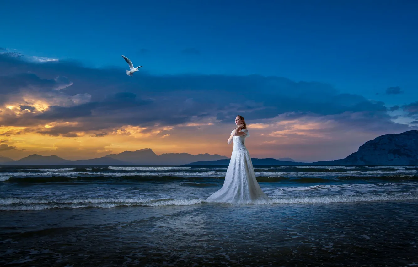 Photo wallpaper sea, beach, girl, blue, rendering, shore, Seagull, surf, photoart