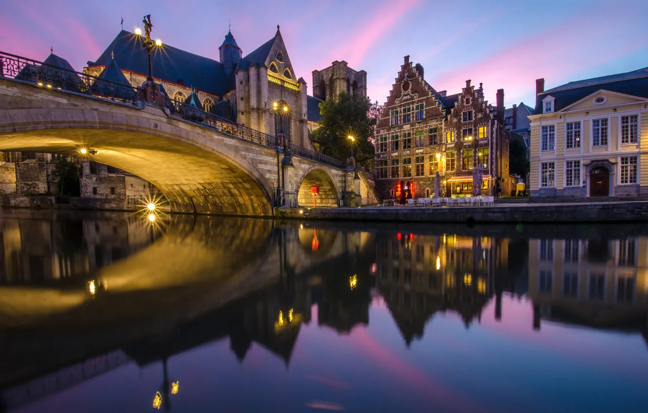 Photo wallpaper bridge, the city, reflection, river, home, the evening, lighting, lights, Belgium, Ghent