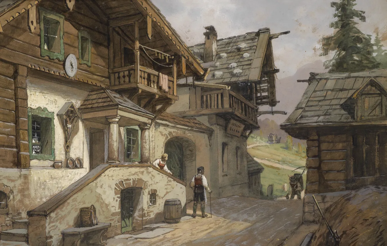 Photo wallpaper 1935, Georg Janny, George Gianni, Austrian painter, Village street in the Alps, Village road in …