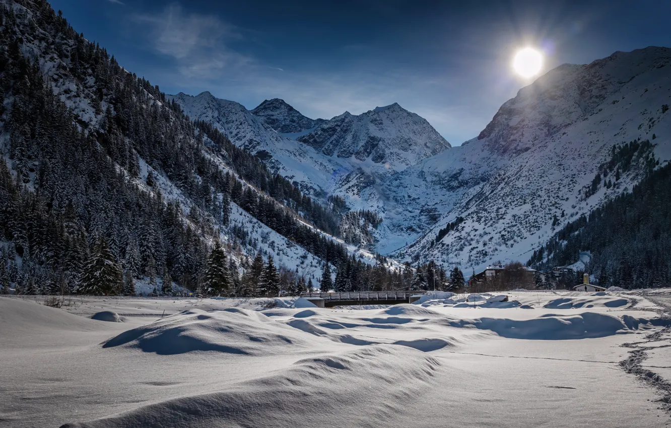 Photo wallpaper winter, snow, mountains, Austria, valley, Alps, the snow, Austria, Alps, Tyrol, Tyrol, Питцталь, Pitztal