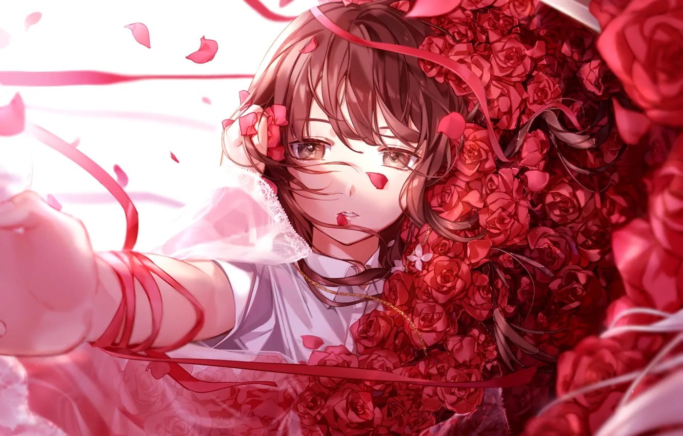 Photo wallpaper girl, roses, bouquet, red roses