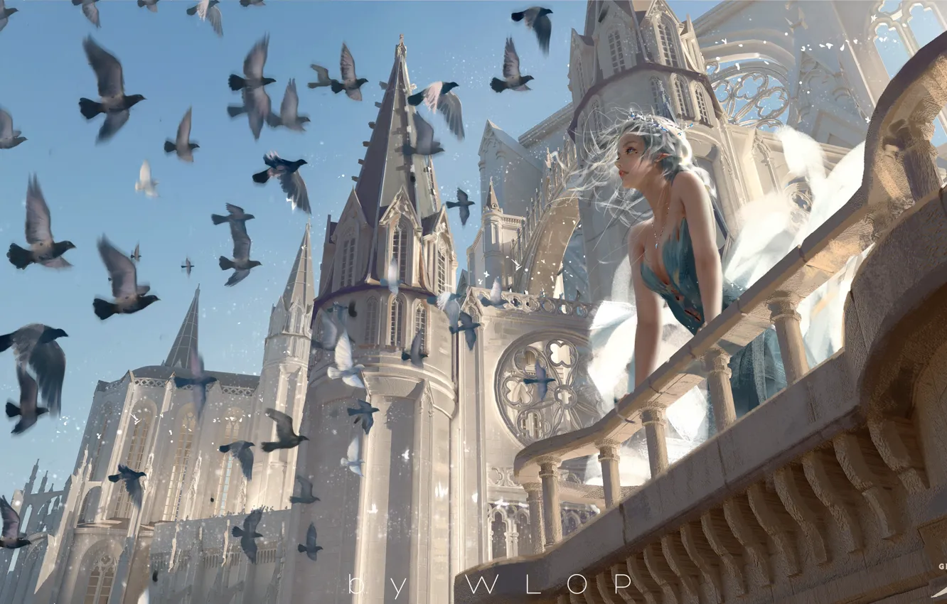 Photo wallpaper girl, birds, the building, fantasy, art, pigeons, tower, balcony, elf, illustration