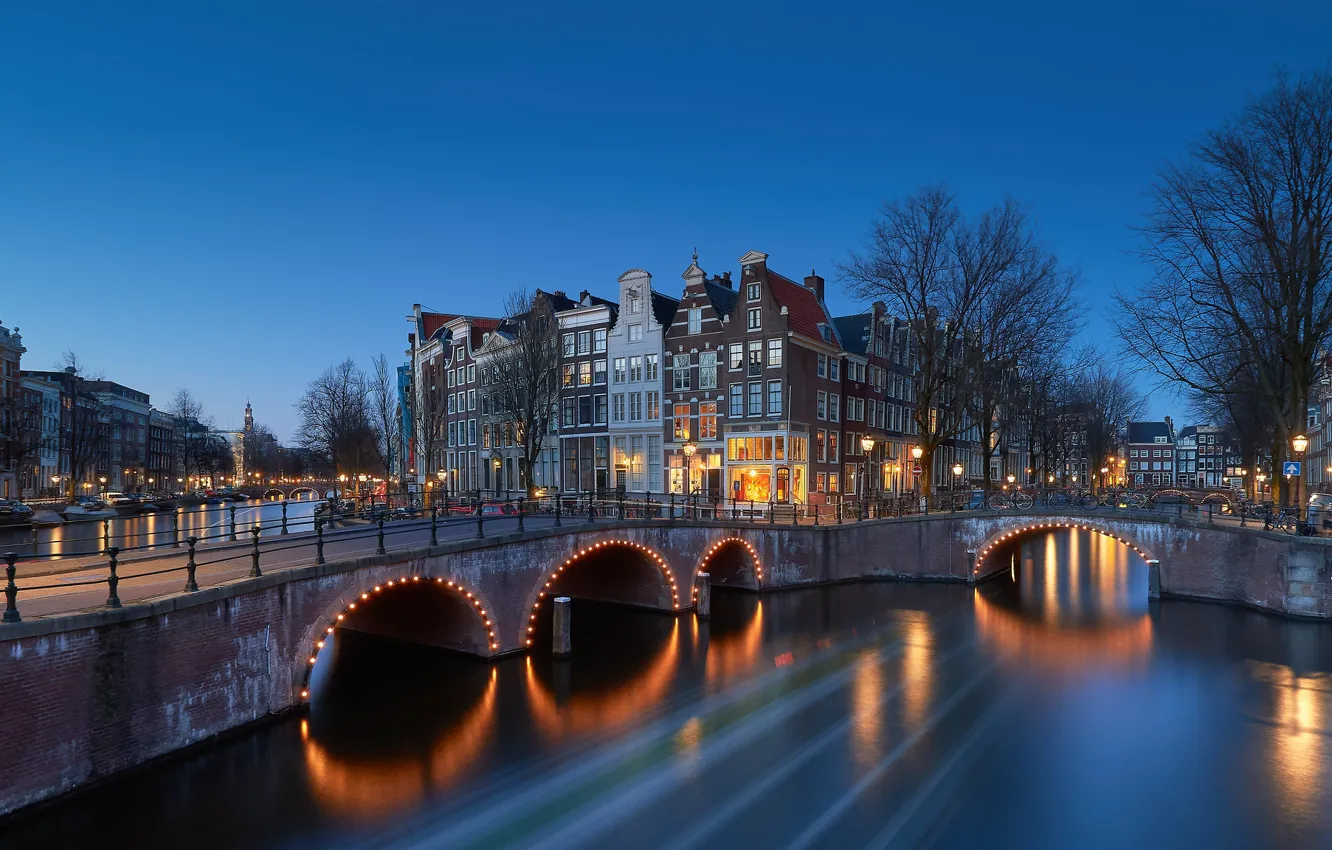 Photo wallpaper bridge, lights, the evening, Netherlands, Amsterdam, Holland