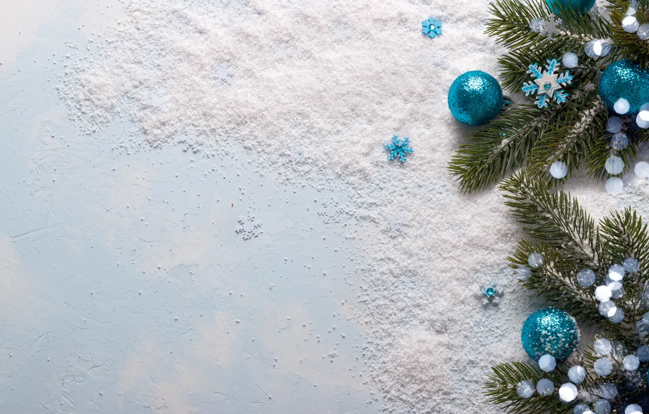 Photo wallpaper snow, snowflakes, balls, tree, New Year, Christmas, Christmas, balls, wood, blue, snow, New Year, snowflakes, …