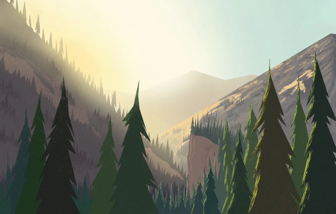 Wallpaper Mountains, Dawn, Landscape, Art, Sunrise, Tree, Trees, Cartoon,  Environment, by Andrey Syailev, Andrey Syailev images for desktop, section  арт - download