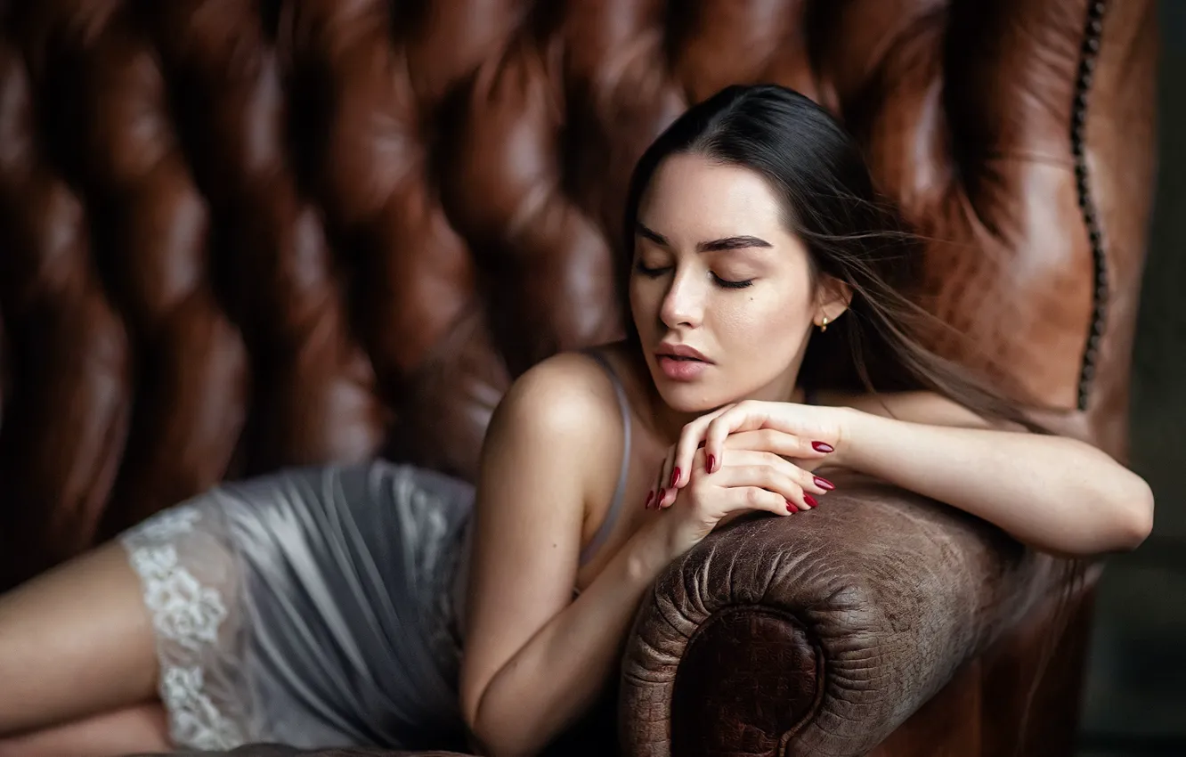 Photo wallpaper girl, face, pose, sofa, hands, combination, manicure, closed eyes, Alexander, Anastasia Barmina