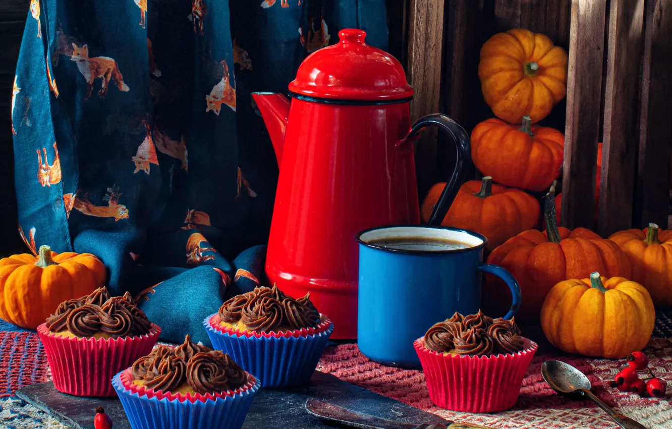 Photo wallpaper kettle, mug, pumpkin, still life, box, cupcakes, coffee pot