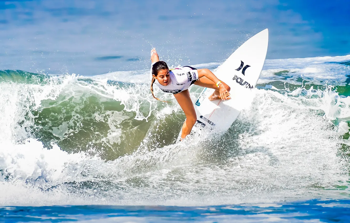 Photo wallpaper girl, the ocean, wave, Board, surfing