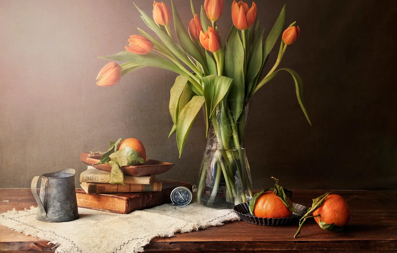 Photo wallpaper flowers, style, books, bouquet, tulips, vase, still life, compass, napkin, tangerines