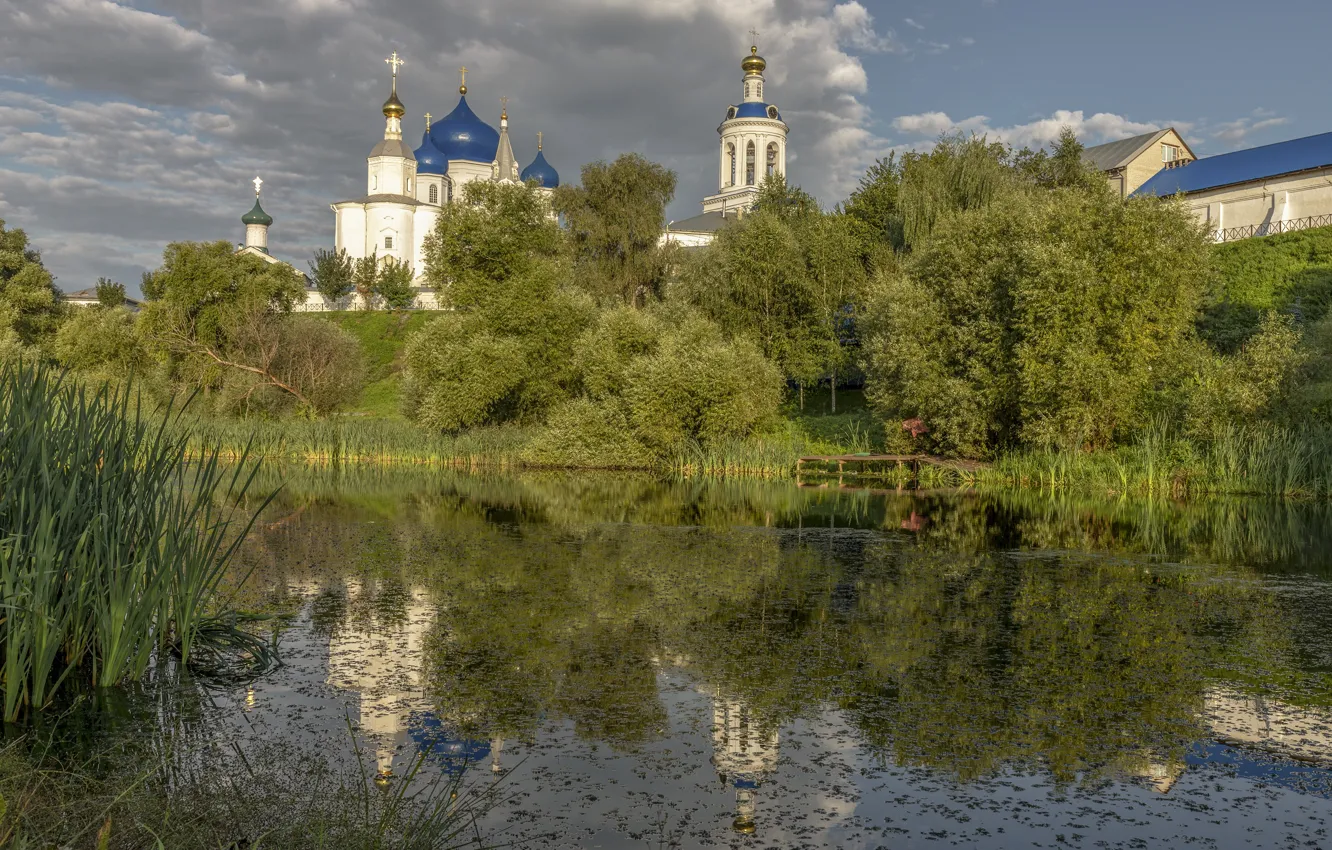 Photo wallpaper summer, grass, trees, landscape, nature, village, the monastery, pond, Bogolyubovo, Елена Гусева