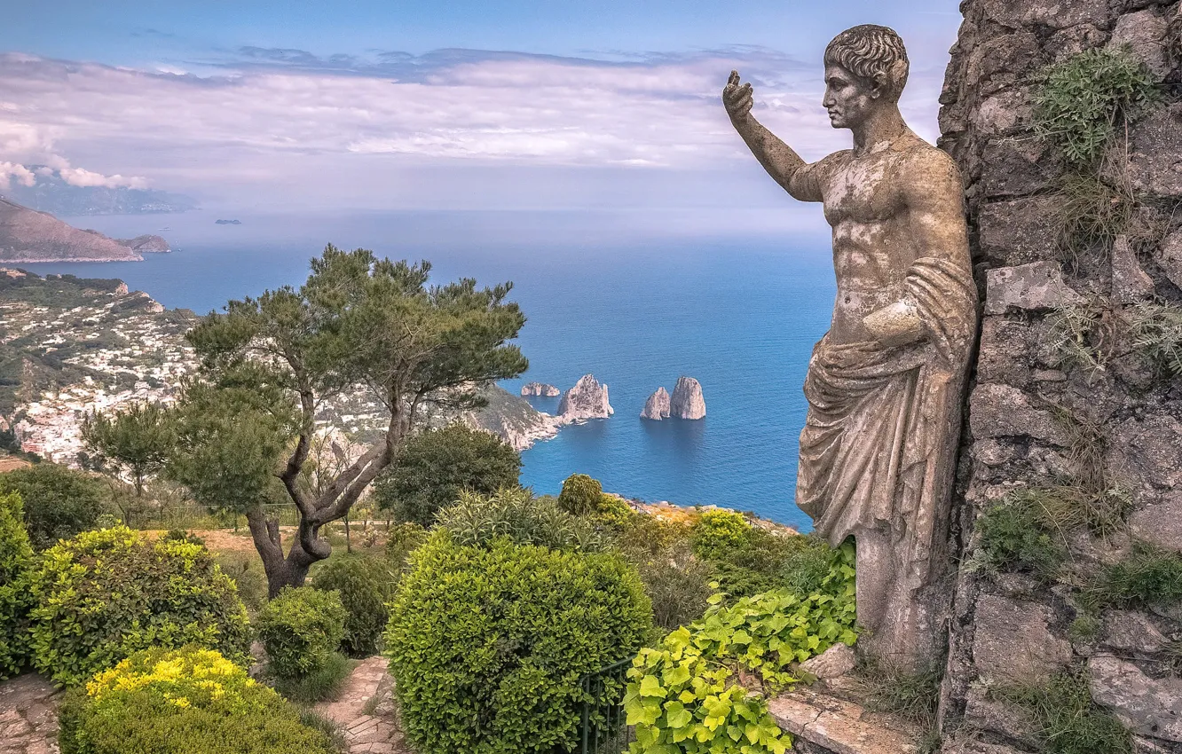 Photo wallpaper sea, clouds, landscape, nature, rocks, vegetation, island, Italy, statue, Capri