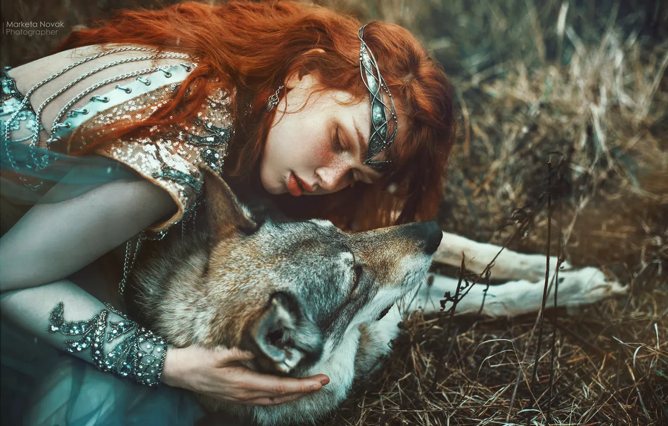 Photo wallpaper girl, wolf, dog, red, friends, Princess, redhead, Marketa Novak, Zuzana Kushniruk