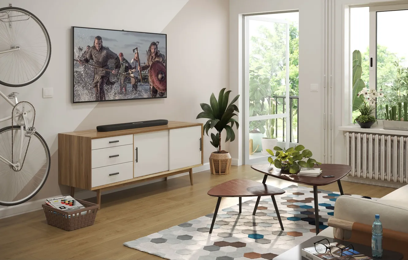 Photo wallpaper Yamaha, sound bar, скандинавский дизайн гостиной, Yamaha SR-B20A, Stylish Scandinavian Living Room Designs