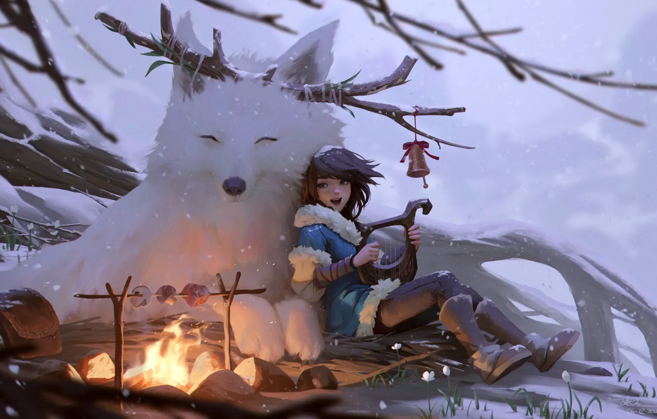 Photo wallpaper winter, girl, branches, animal, art, the fire, illustration, Dao Trong Le