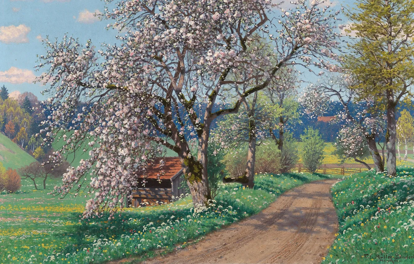 Photo wallpaper Spring day, German painter, German painter, oil on canvas, Fritz Müller-Landeck, Fritz Müller-Landeck, A Spring …