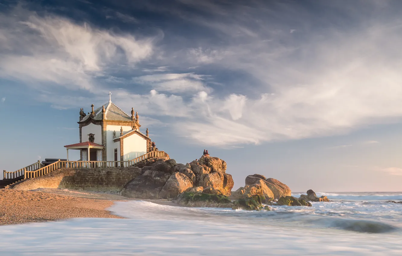 Photo wallpaper beach, landscape, nature, stones, the ocean, shore, Church, Portugal, chapel, Miramar, The chapel of senhor …