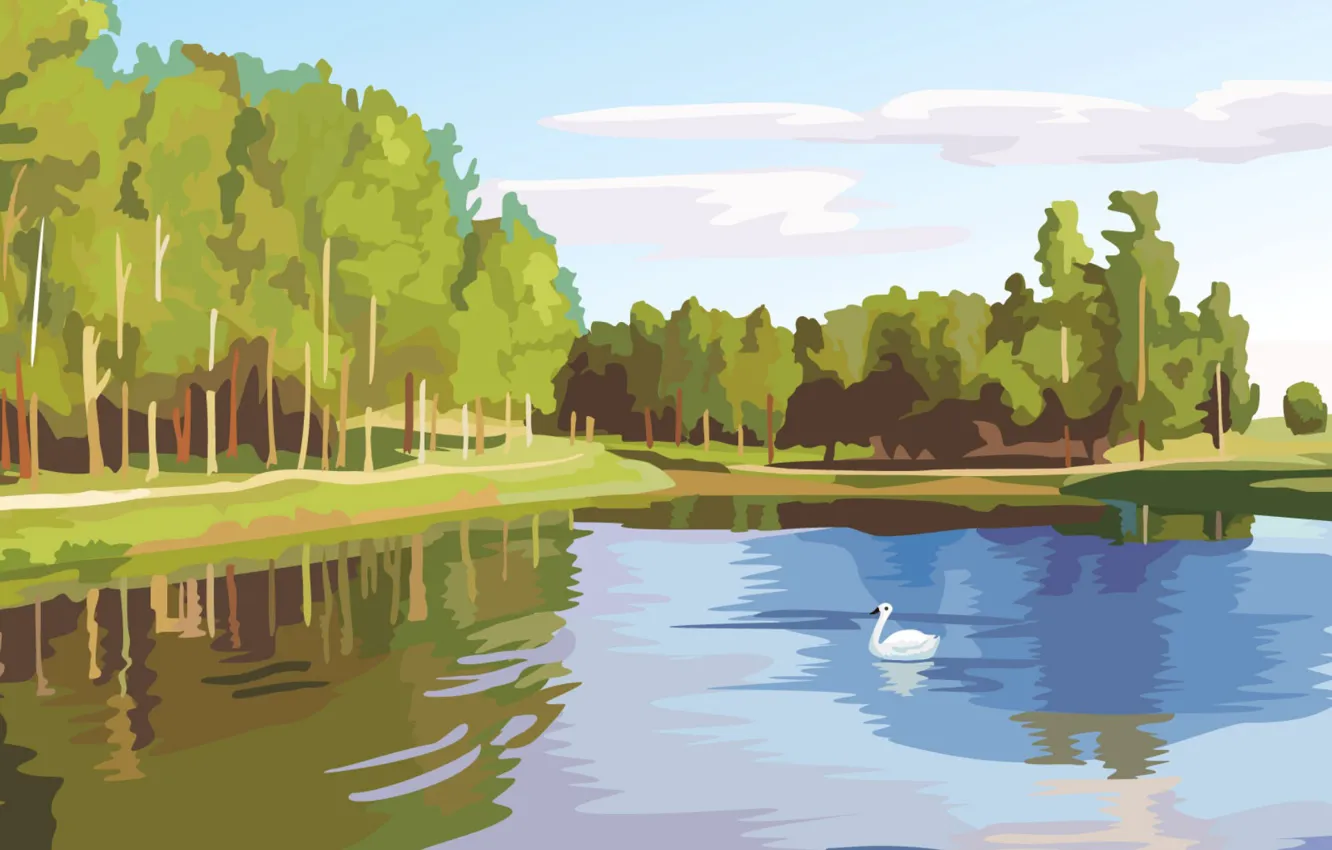 Wallpaper forest, lake, vector, Swan, digital painting images for desktop,  section арт - download