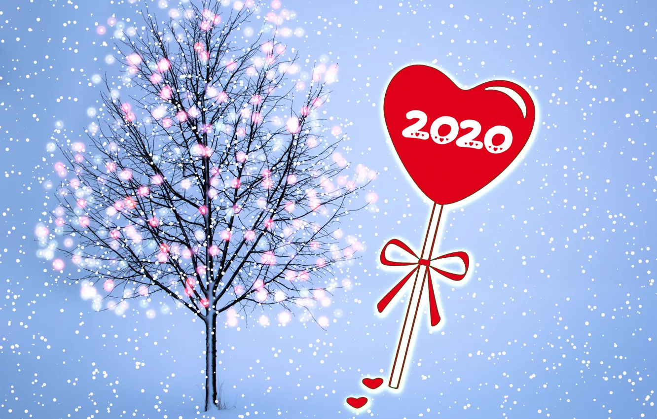 Photo wallpaper snow, tree, New year, garland, heart, 2020