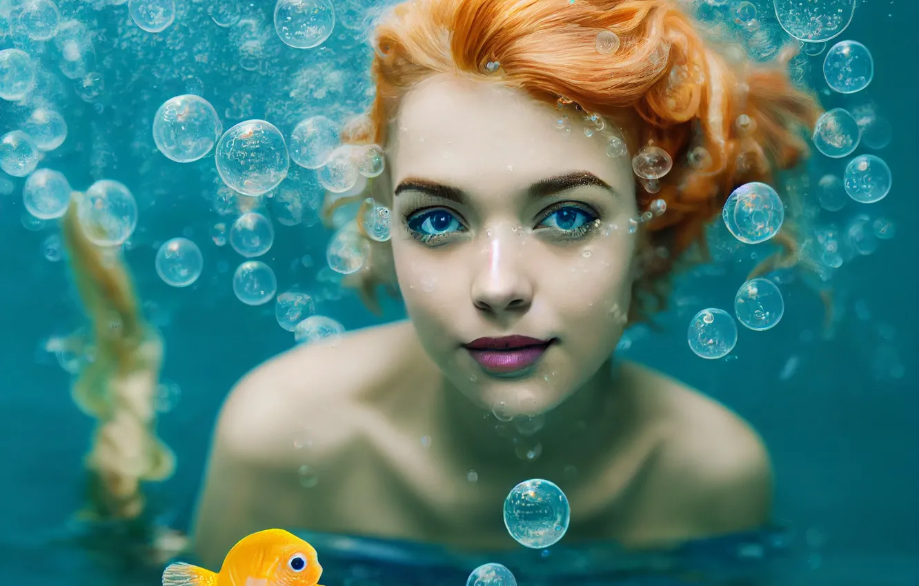 Photo wallpaper look, girl, face, bubbles, mermaid, fish, red, redhead, under water, the little mermaid