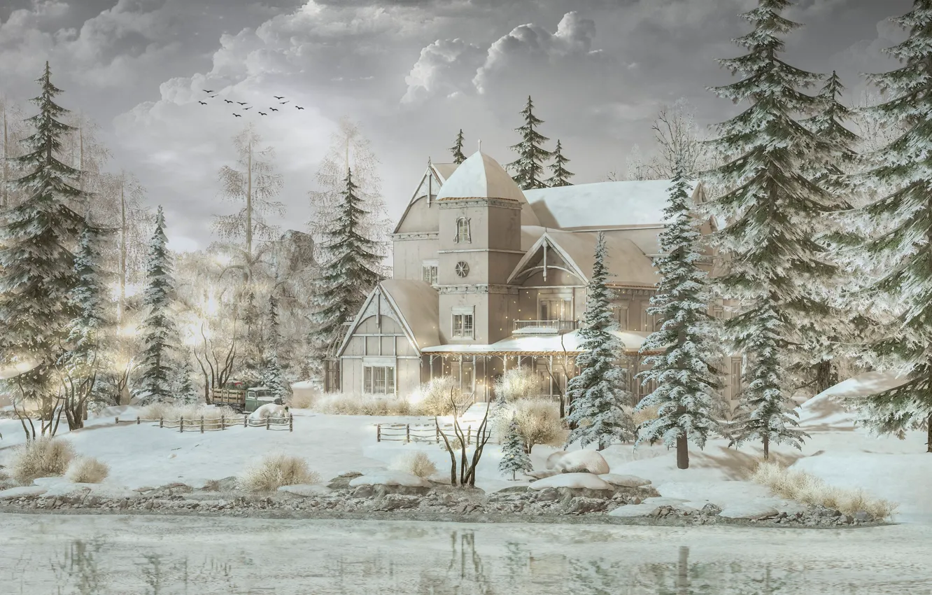 Photo wallpaper winter, snow, house, river, ate