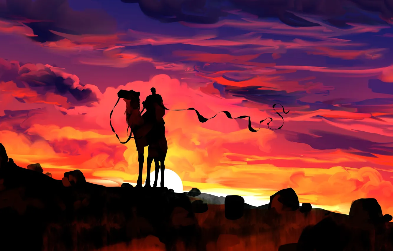 Photo wallpaper sunset, silhouette, camel