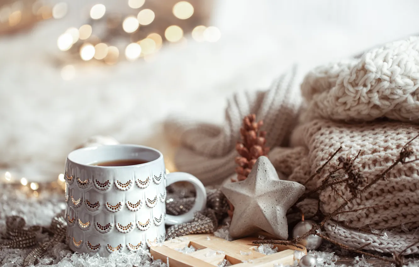 Photo wallpaper winter, decoration, Christmas, New year, new year, Christmas, vintage, winter, sweater, bokeh, coffee cup, decoration, …