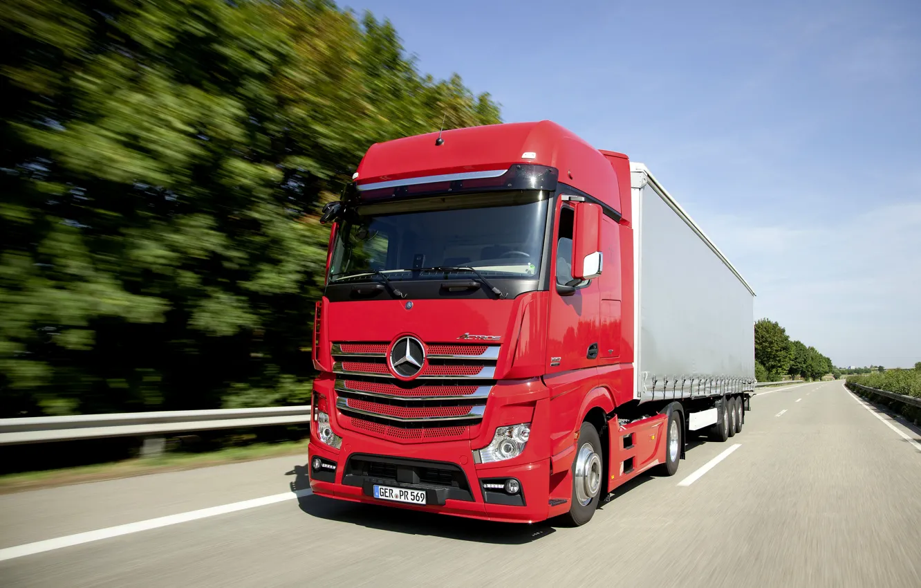 Photo wallpaper red, Mercedes-Benz, track, tractor, 2013, 4x2, Actros, the trailer
