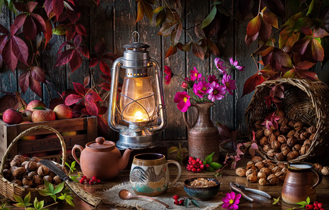 Photo wallpaper leaves, flowers, style, berries, basket, apples, briar, knife, mug, lantern, pitcher, nuts, still life, box, …