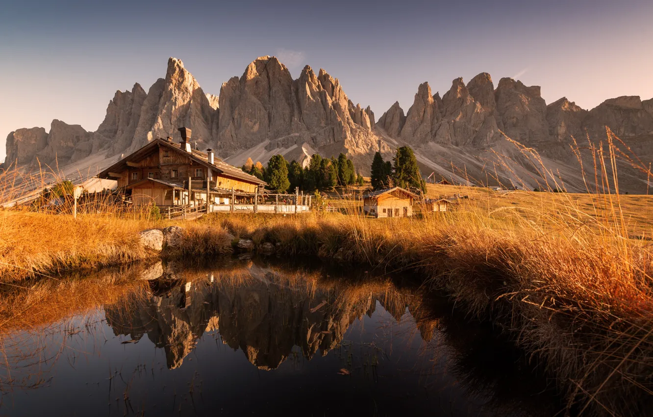 Photo wallpaper autumn, grass, water, landscape, mountains, nature, home, Italy, meadows, farm, The Dolomites, Georgi Mitev