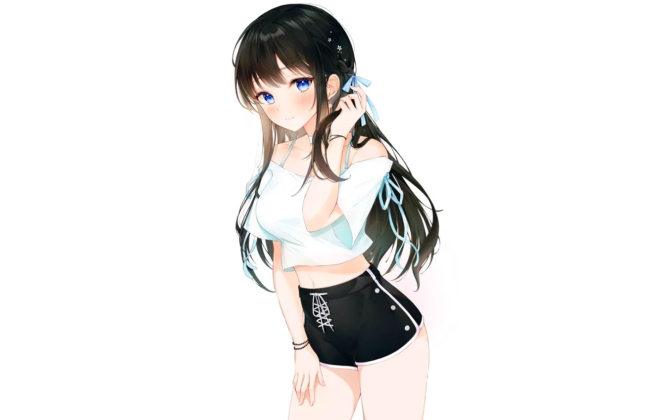 Wallpaper girl, sexy, shorts, long hair, boobs, anime, blue eyes,  beautiful, pretty, brunette, breasts, attractive, handsome, mini blouse  images for desktop, section сёнэн - download