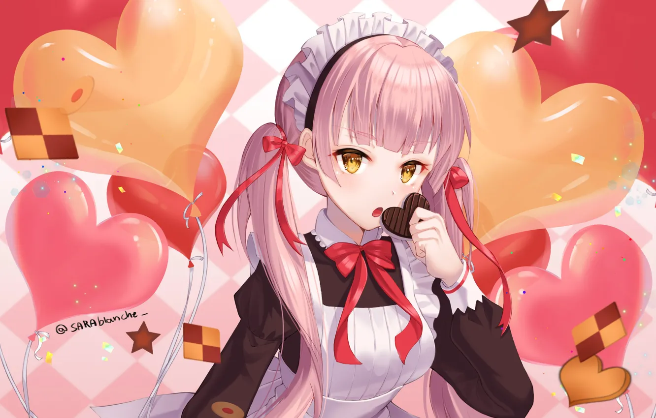 Photo wallpaper balloons, chocolate, hearts, bows, the maid, art, cookies, yellow eyes, pink hair, two tails, chess …
