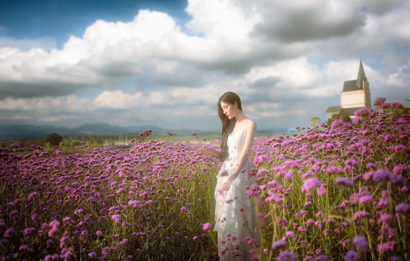 Wallpaper field, summer, girl, flowers, Asian images for desktop ...