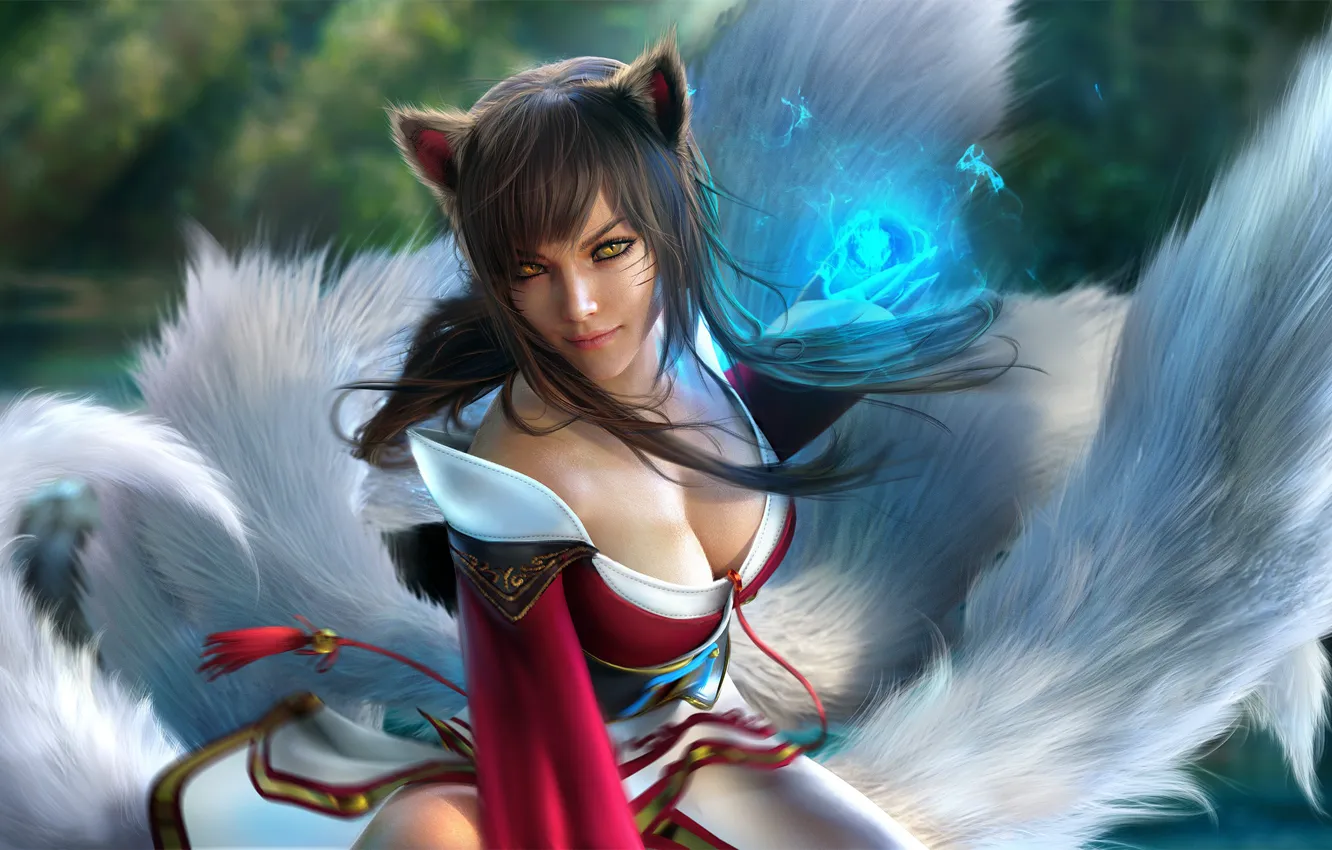 Photo wallpaper girl, Fox, League of Legends, Ahri, fox girl, by Sevenbees